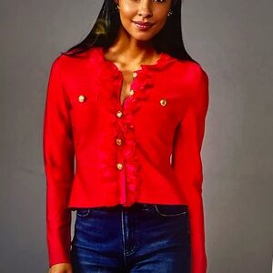 Boston Proper Red Ruffled Cardigan